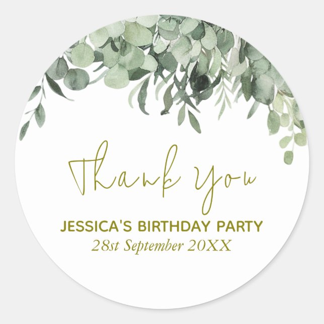Watercolor Eucalyptus Greenery Birthday Thank You  Classic Round Sticker (Front)