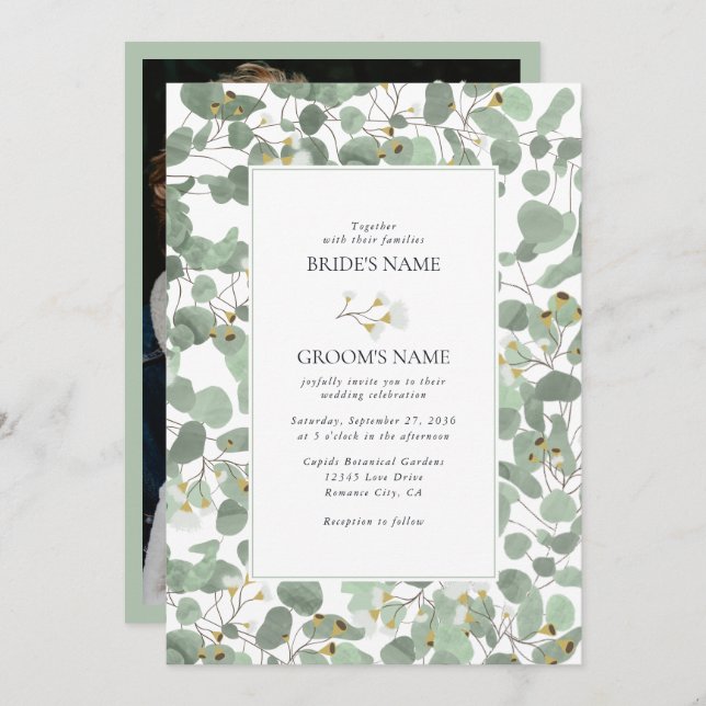 Watercolor Eucalyptus Greenery Blossoms Wedding Invitation (Front/Back)