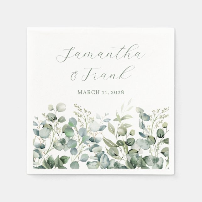 Watercolor Eucalyptus Greenery Border Wedding Napkin (Front)