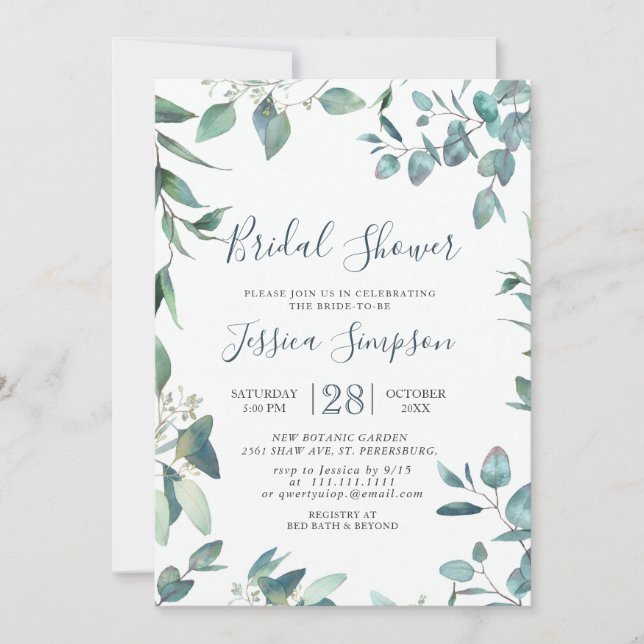 Watercolor Eucalyptus Greenery Bridal  Brunch Invitation (Front)