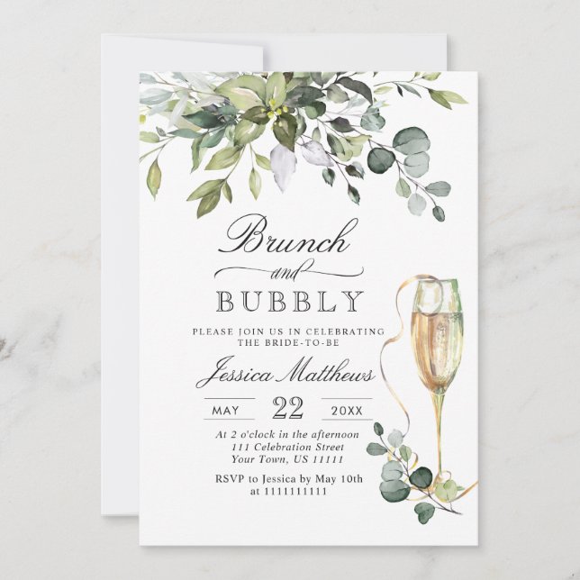 Watercolor Eucalyptus Greenery Brunch & Bubbly Invitation (Front)