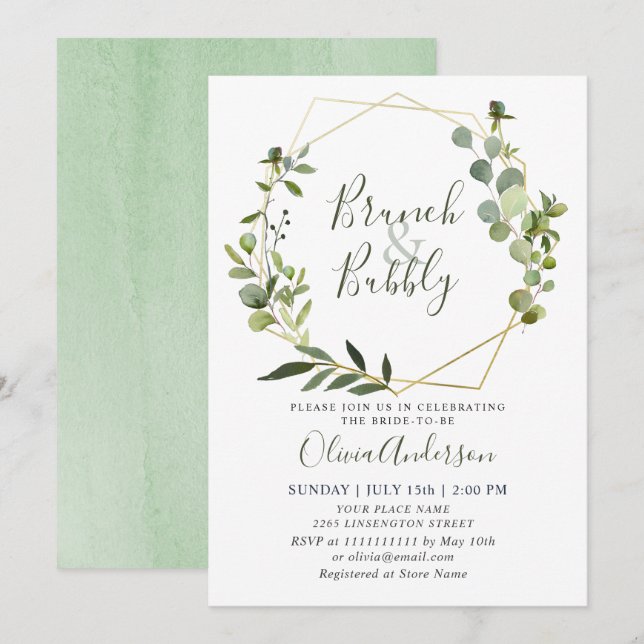 Watercolor Eucalyptus Greenery BRUNCH BUBBLY Invitation (Front/Back)