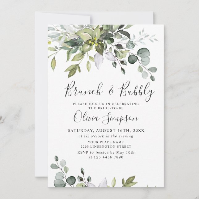 Watercolor Eucalyptus Greenery Brunch & Bubbly Invitation (Front)