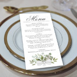 Watercolor Eucalyptus & Greenery Elegant Wedding Menu<br><div class="desc">This beautiful wedding menu features a rustic boho chic design with a script calligraphy title and a cluster of hand painted watercolor eucalyptus leaves and greenery in shades of mint, moss, and sage green. The text is completely customizable with space for the couple's name & wedding date on the back....</div>