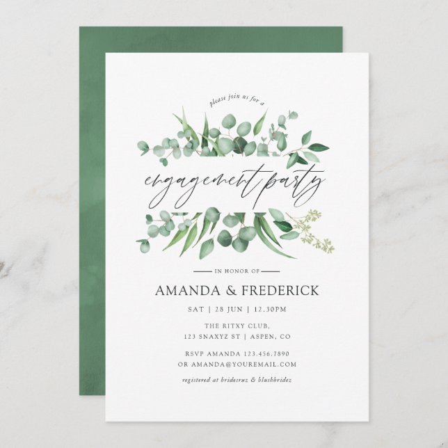 Watercolor Eucalyptus Greenery Engagement Party Invitation (Front/Back)