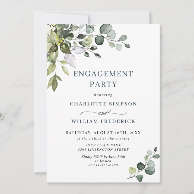 Watercolor Eucalyptus Greenery ENGAGEMENT PARTY Invitation (Front)