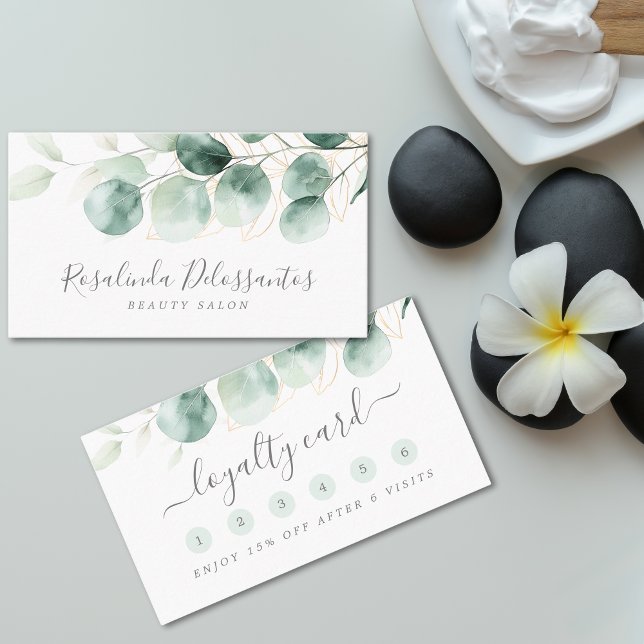 Watercolor Eucalyptus Greenery Floral Gold  Loyalty Card (Watercolor Eucalyptus Greenery Floral Gold Loyalty Card)
