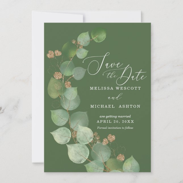 Watercolor Eucalyptus Greenery Gold Accent Modern  Save The Date (Front)