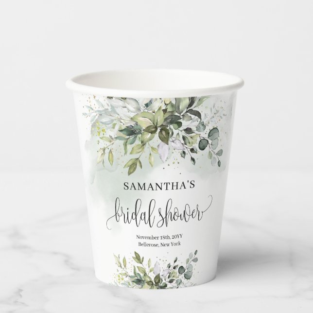 Watercolor eucalyptus greenery gold bridal shower paper cups (Front)
