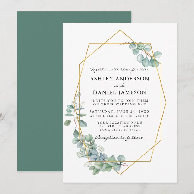 Watercolor Eucalyptus Greenery Gold Frame Wedding Invitation (Front/Back)