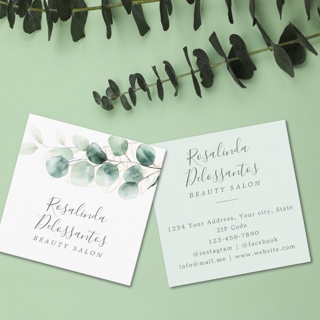 Watercolor Eucalyptus Greenery Gold Leaves  Square Business Card (Watercolor Eucalyptus Greenery Gold Leaves Square Business Card)