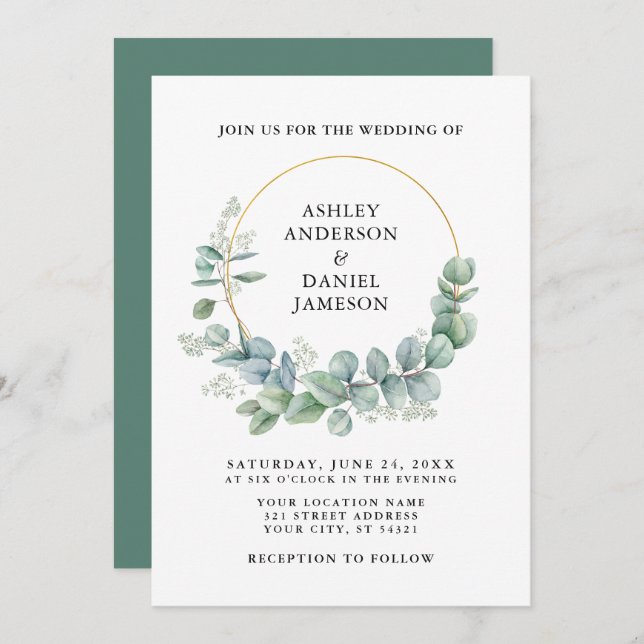 Watercolor Eucalyptus Greenery Gold Wedding Invitation (Front/Back)