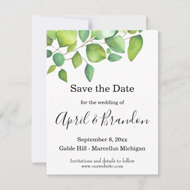 Watercolor eucalyptus greenery green foliage  save the date (Front)