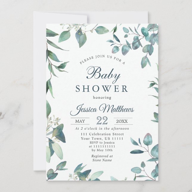 Watercolor Eucalyptus Greenery NEUTRAL Baby Shower Invitation (Front)