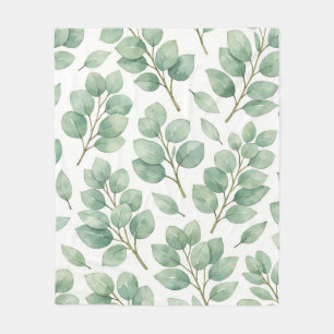 Watercolor Eucalyptus Greenery Pattern Fleece Blanket