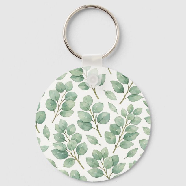Watercolor Eucalyptus Greenery Pattern Keychain (Front)