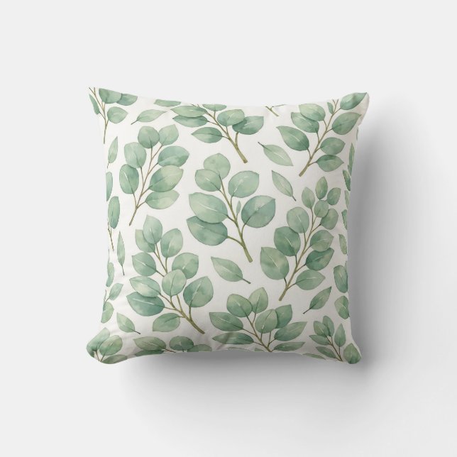 Watercolor Eucalyptus Greenery Pattern Throw Pillow (Front)