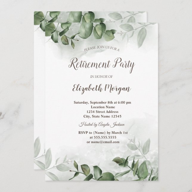 Watercolor Eucalyptus Greenery Retirement  Invitation (Front/Back)