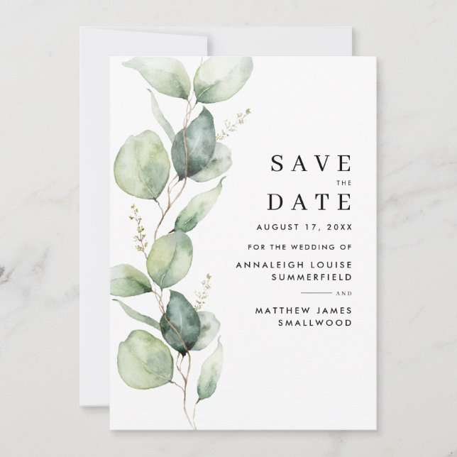 Watercolor Eucalyptus Greenery Save The Date (Front)