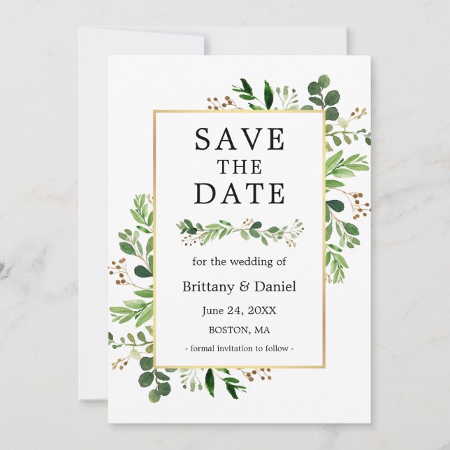 Watercolor Eucalyptus Greenery Save The Date Card (Front)