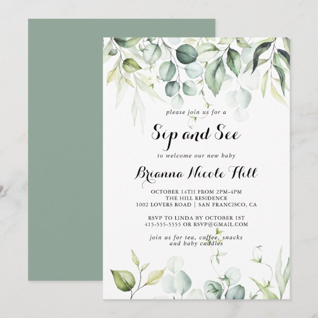 Watercolor Eucalyptus Greenery Sip and See  Invitation (Front/Back)