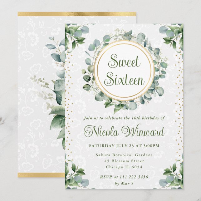 Watercolor Eucalyptus Greenery Sweet Sixteen Invitation (Front/Back)