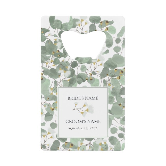 Watercolor Eucalyptus Greenery Wedding Favour Credit Card Bottle Opener (Front)