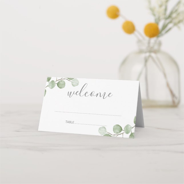 Watercolor Eucalyptus Greenery Wedding Place Card (Front)
