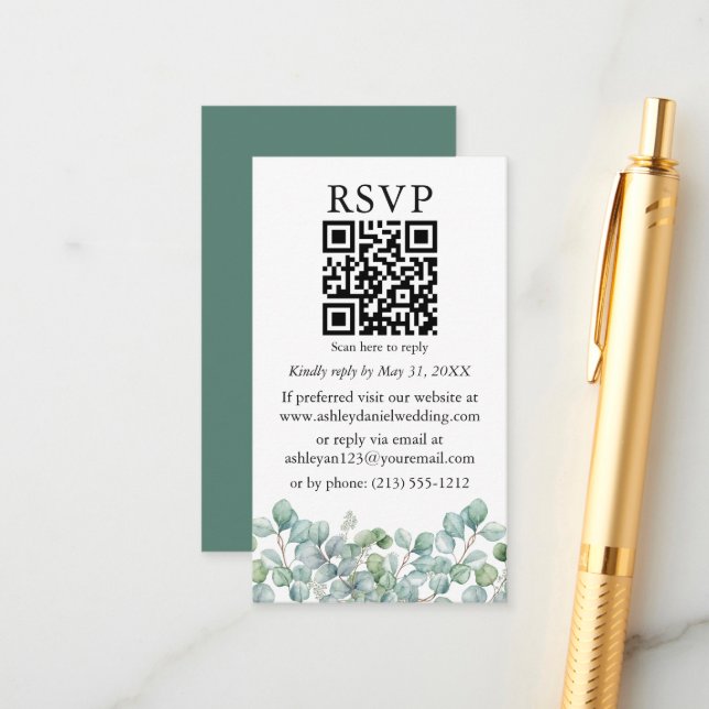 Watercolor Eucalyptus Greenery Wedding QR RSVP Enclosure Card (Front/Back In Situ)