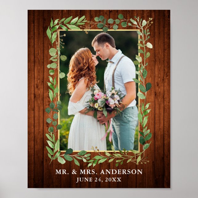 Watercolor Eucalyptus Greenery Wood Gold Photo Poster (Front)