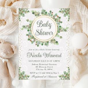 Watercolor Eucalyptus Greenery Wreath Baby Shower Invitation