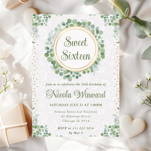 Watercolor Eucalyptus Greenery Wreath Sweet 16 Invitation