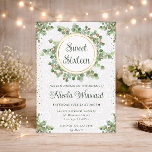 Watercolor Eucalyptus Greenery Wreath Sweet 16 Invitation