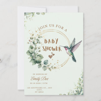 Watercolor Eucalyptus Hummingbird Baby Shower Invitation