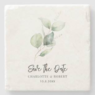 Watercolor Eucalyptus Keepsake Save the Date Stone Coaster