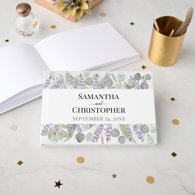 Watercolor Eucalyptus & Lavender Boho Chic Wedding Guest Book (Front Open)