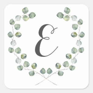 Watercolor Eucalyptus Leaf Frame   Monogram Square Sticker