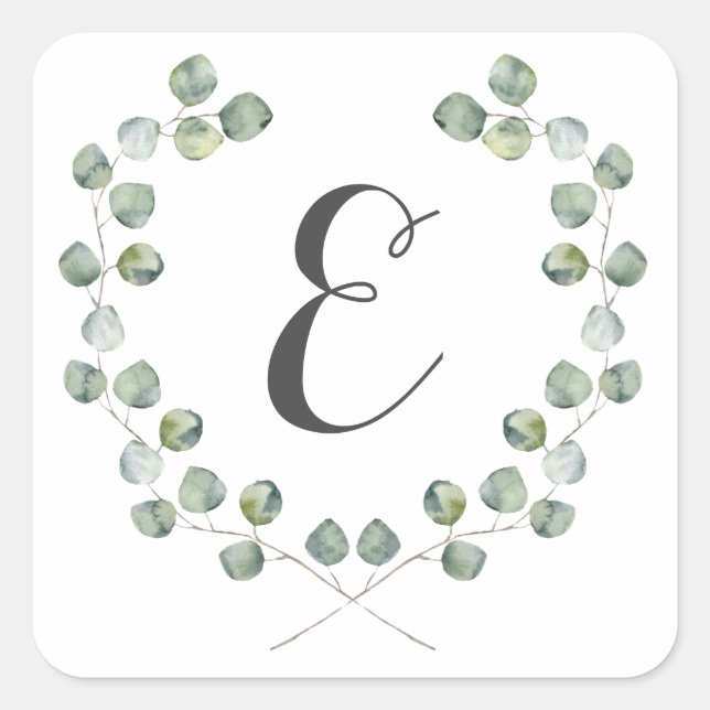 Watercolor Eucalyptus Leaf Frame | Monogram Square Sticker (Front)