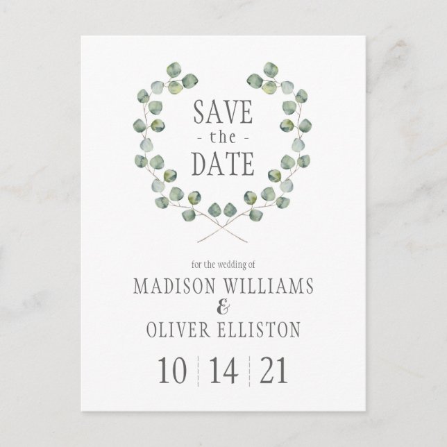 Watercolor Eucalyptus Leaf Frame | Save the Date Postcard (Front)