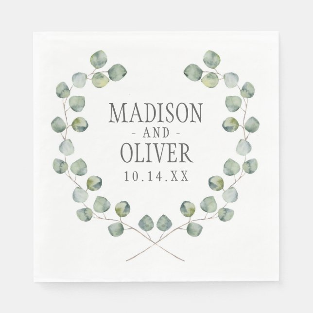 Watercolor Eucalyptus Leaf Frame | Wedding Napkin (Front)
