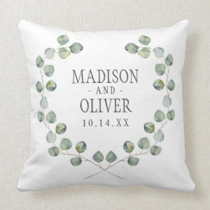 Watercolor Eucalyptus Leaf Frame   Wedding Throw Pillow