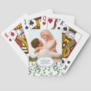 Watercolor Eucalyptus Leaf Pattern - Wedding Photo Playing Cards