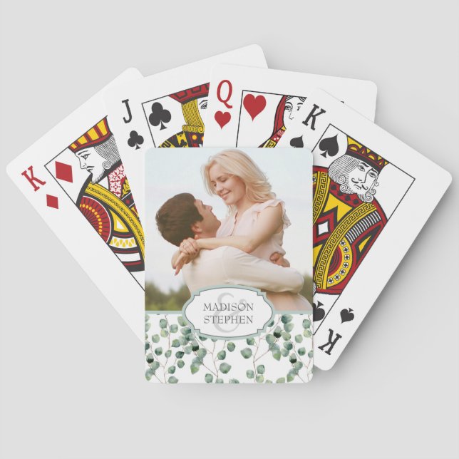 Watercolor Eucalyptus Leaf Pattern - Wedding Photo Playing Cards (Back)