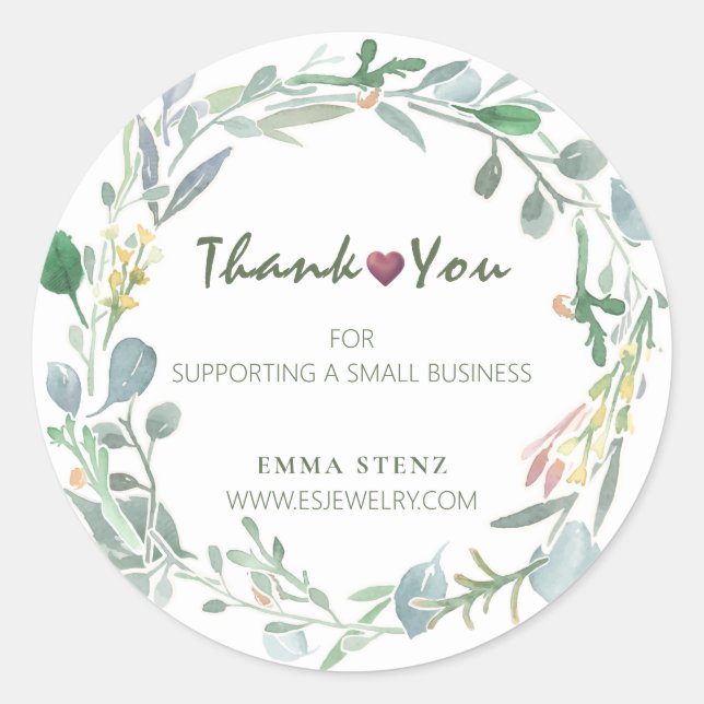 Watercolor Eucalyptus Leafy Wreath Thank You Classic Round Sticker (Front)