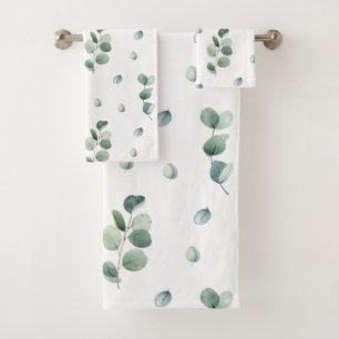 Watercolor eucalyptus leaves bath towel set
