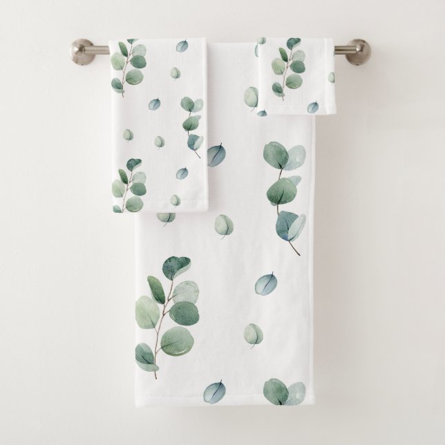 Watercolor eucalyptus leaves bath towel set (Insitu)