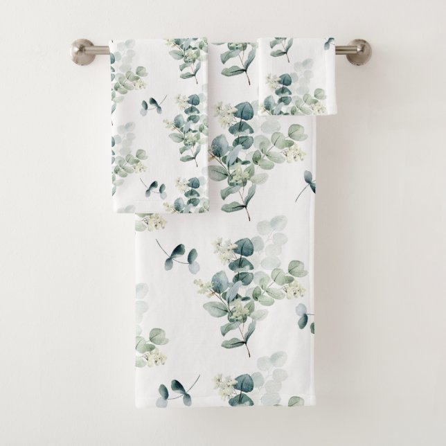 Watercolor eucalyptus leaves bath towel set (Insitu)