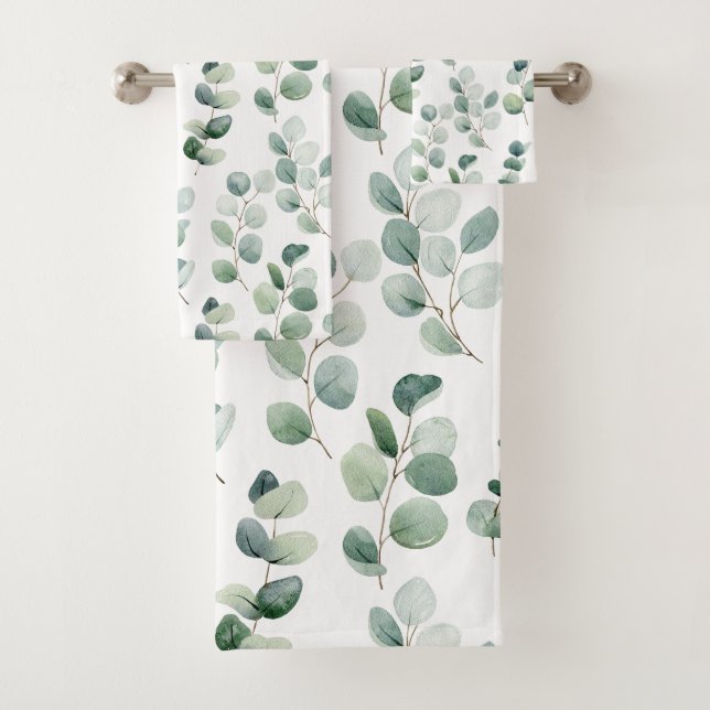 Watercolor eucalyptus leaves bath towel set (Insitu)
