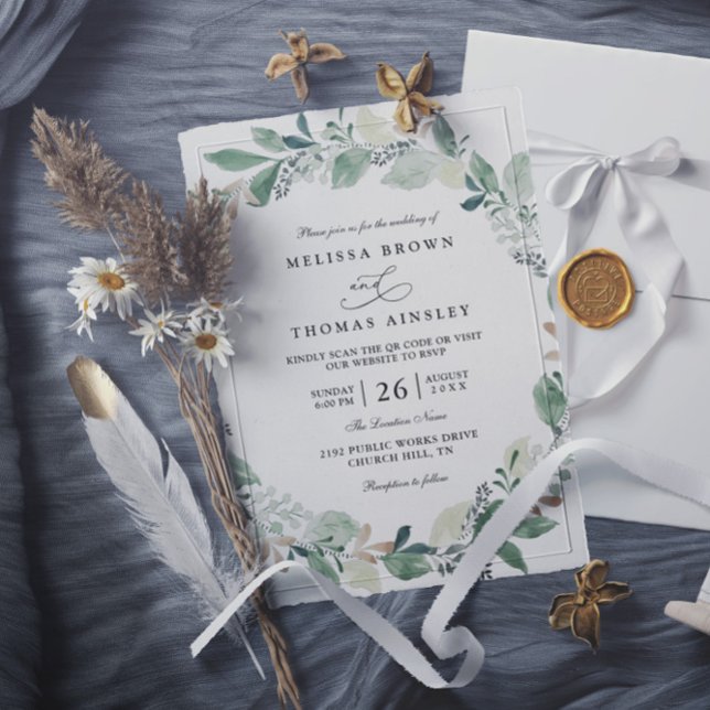 Watercolor Eucalyptus Leaves Chic QR Code Wedding Invitation (Creator Uploaded)