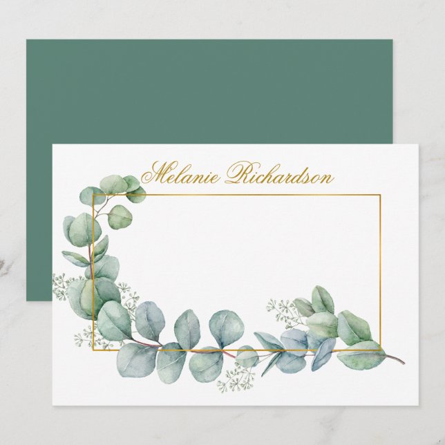 Watercolor Eucalyptus Leaves Greenery Gold Frame Card (Front/Back)